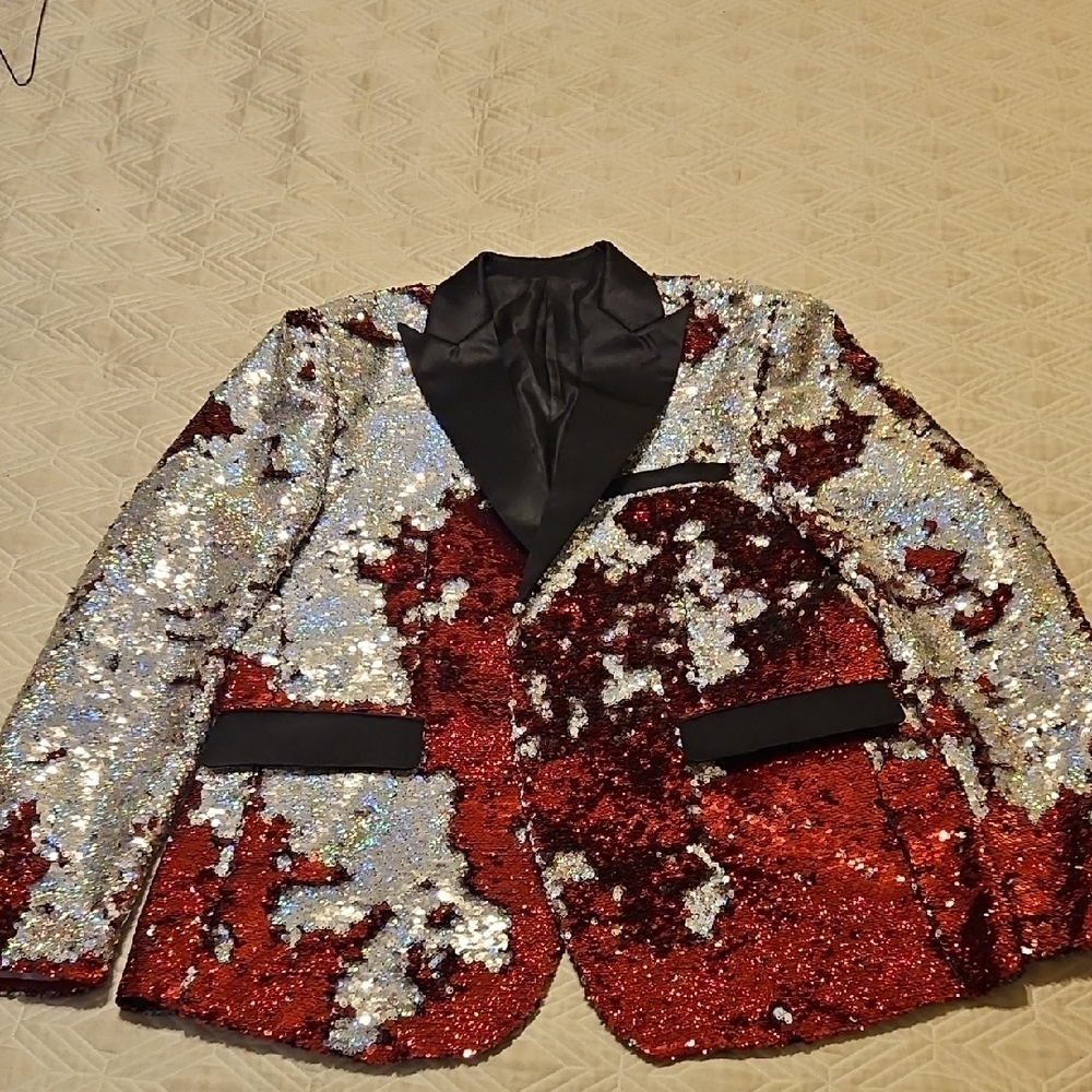 Red and Silver Sequin Blazer with Black Lapel